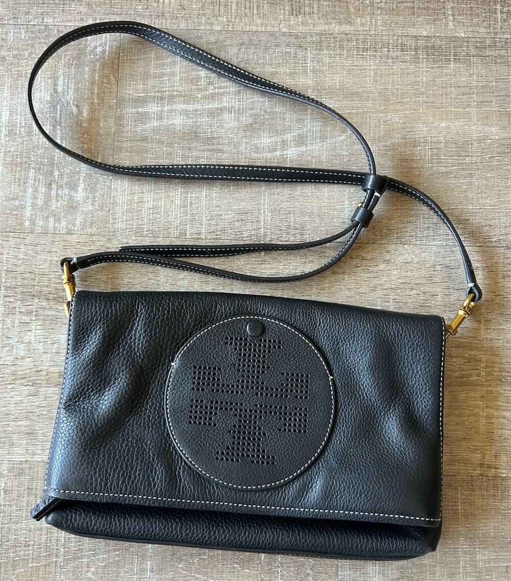 Tory Burch 36812 Perforated Logo Fold Over Leather Crossbody Clutch Black